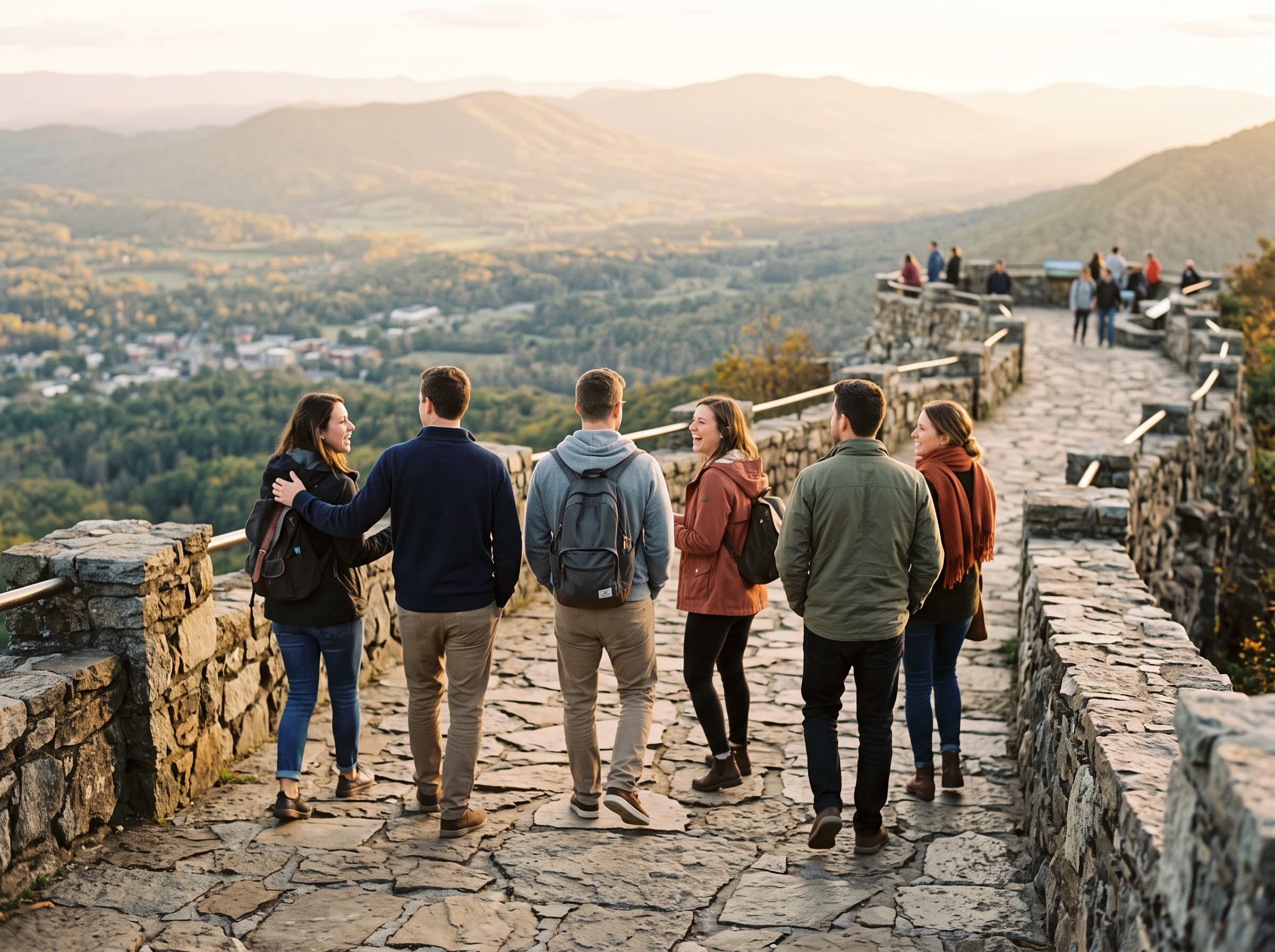 A group of alumni laughing together on a scenic overlook above a mountain valley