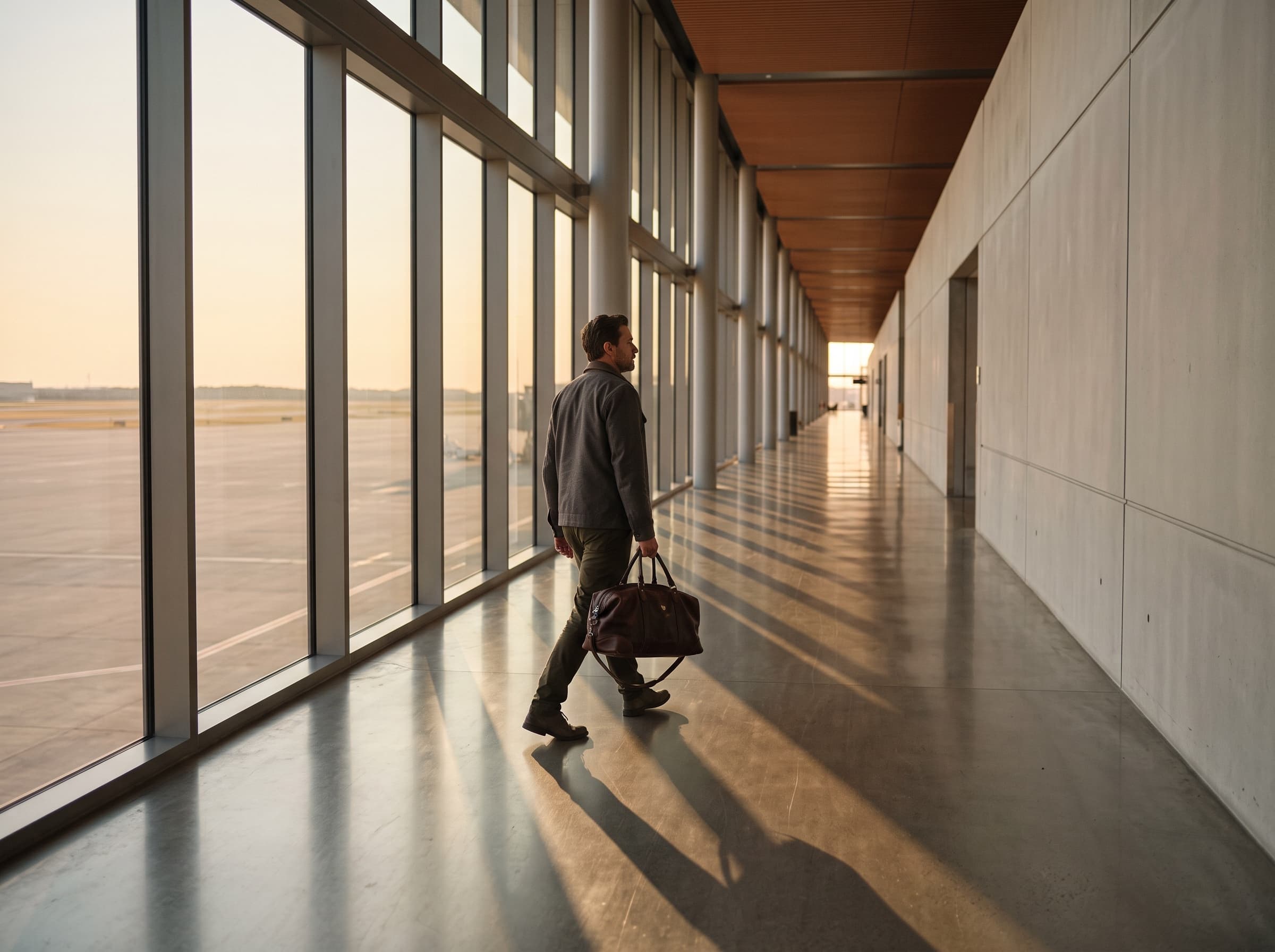 A business traveler carrying a duffel bag through an airport terminal at sunrise