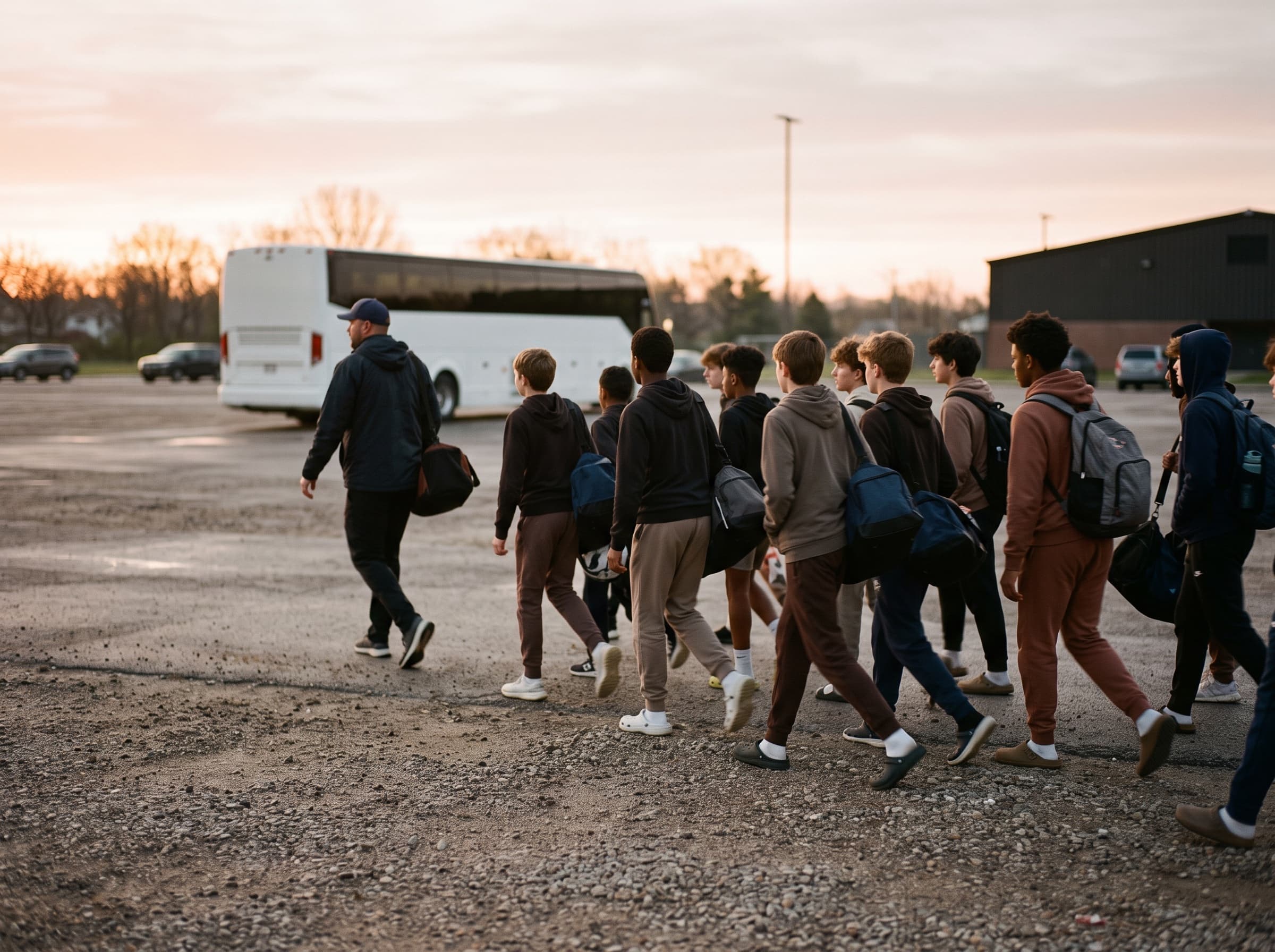A youth sports team carrying duffel bags toward a charter bus at dusk