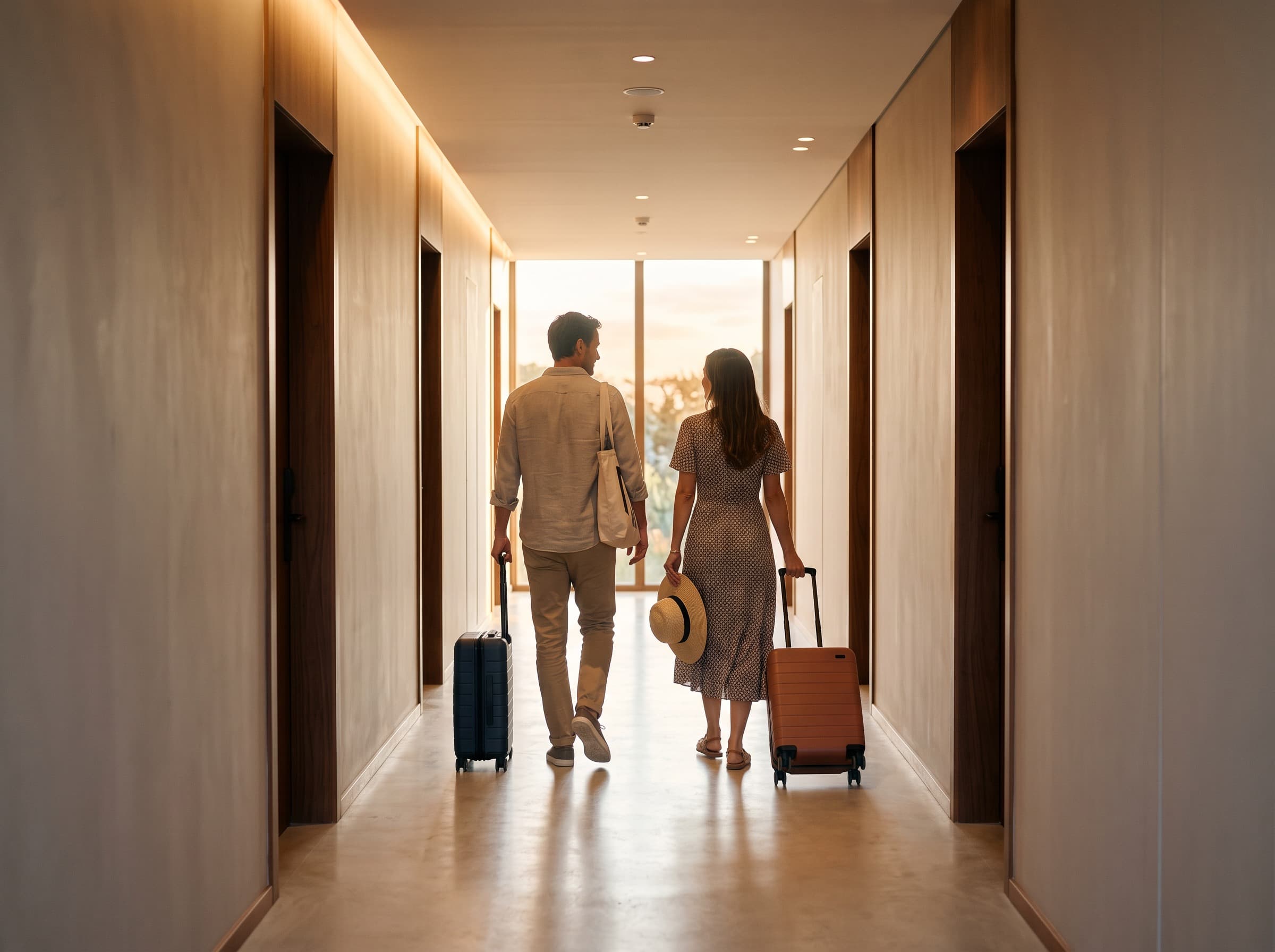 A couple pulling suitcases down a hotel corridor at sunset