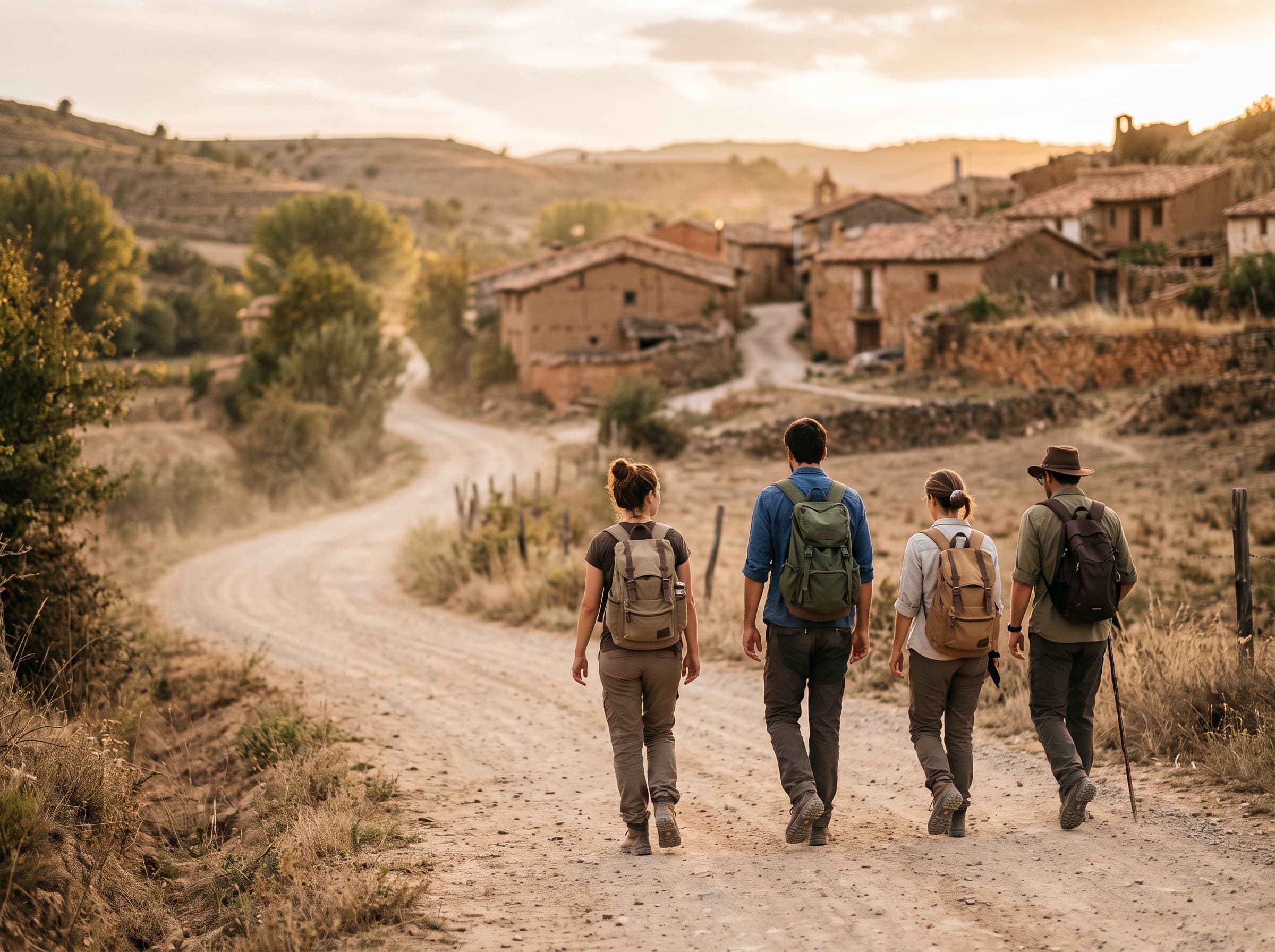 Four travelers with backpacks walking a dirt road into a small stone village at golden hour