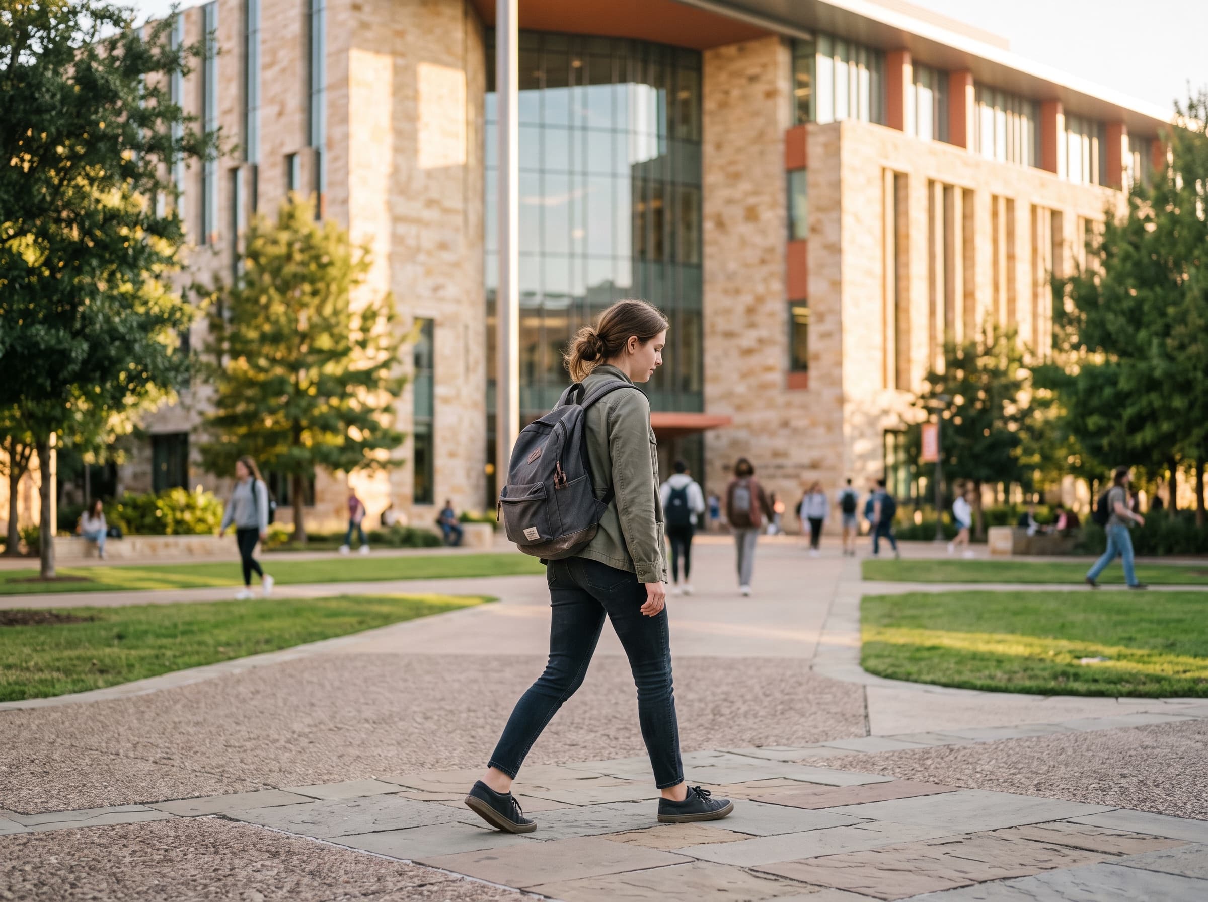 A student with a backpack walking across a university campus