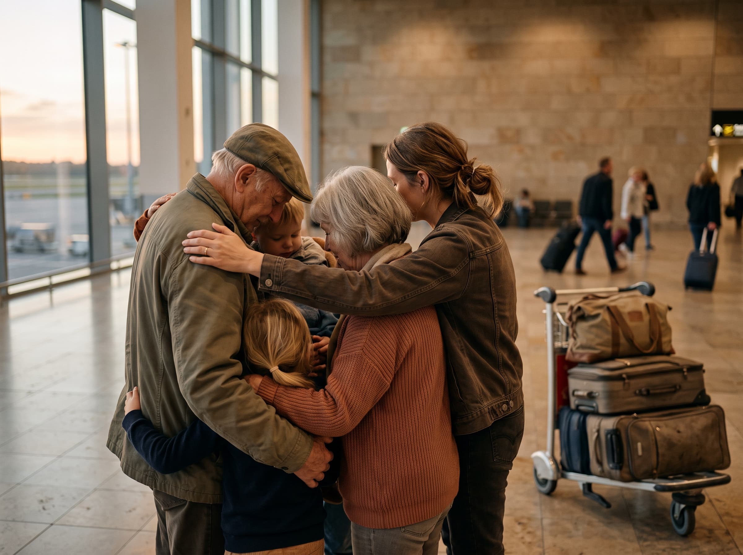 A family embracing grandparents at the airport, welcomed home with luggage nearby