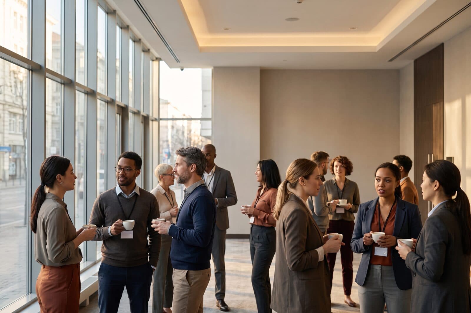 Members talking in small groups in a sunlit hotel conference foyer between sessions, name badges and coffee cups.