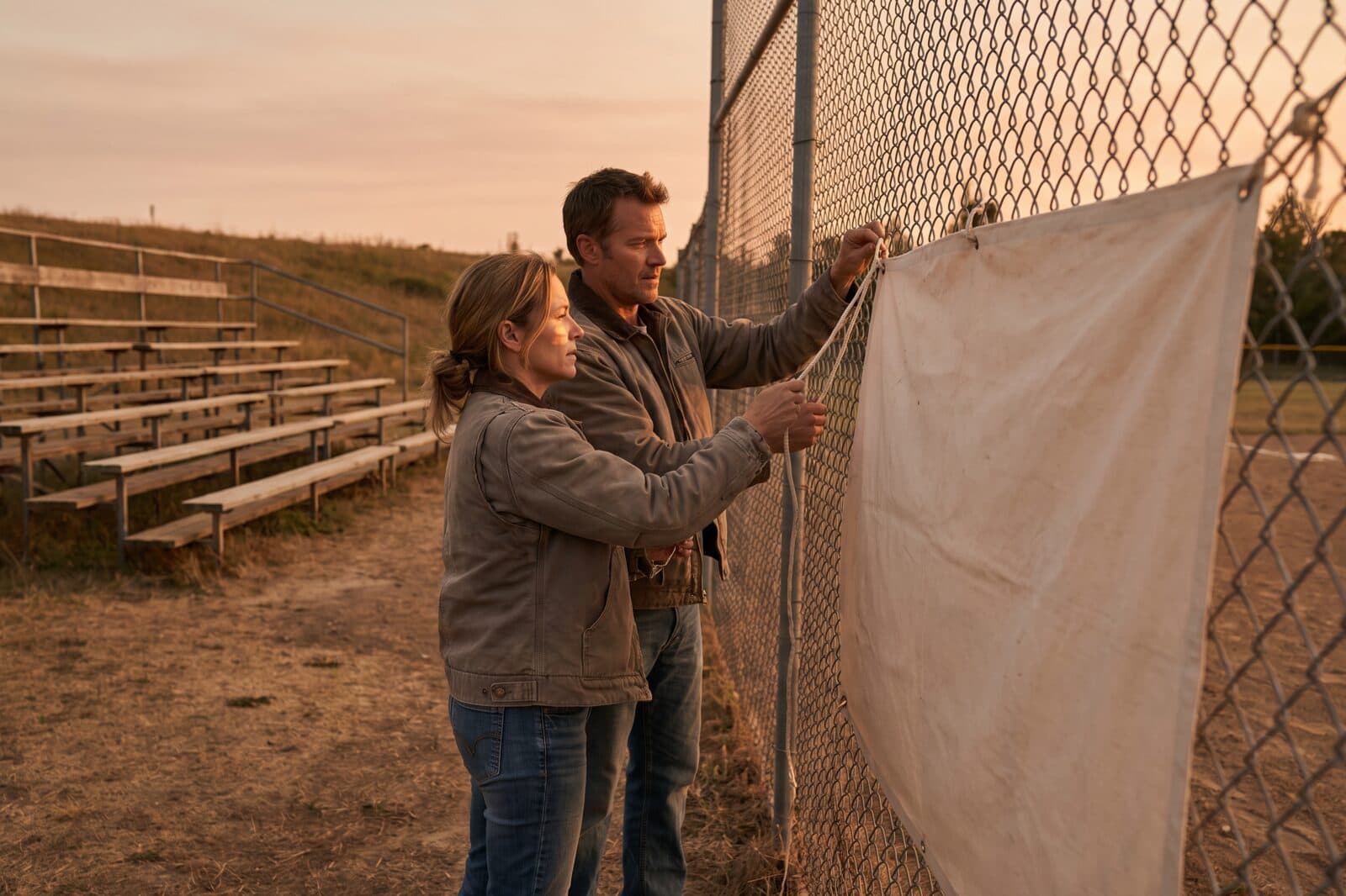 Parents hanging a sponsor banner along an outfield fence in early evening light, stadium empty behind them.