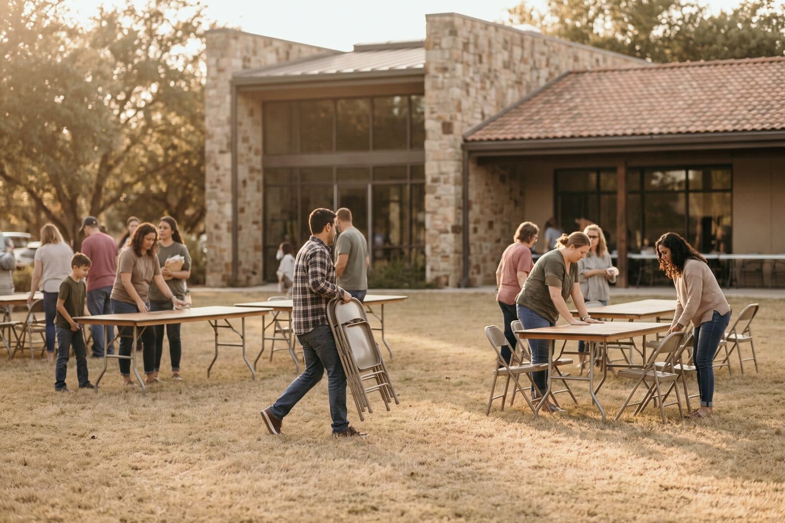 Volunteers and families setting up folding tables and chairs on a lawn outside a community center at golden hour.