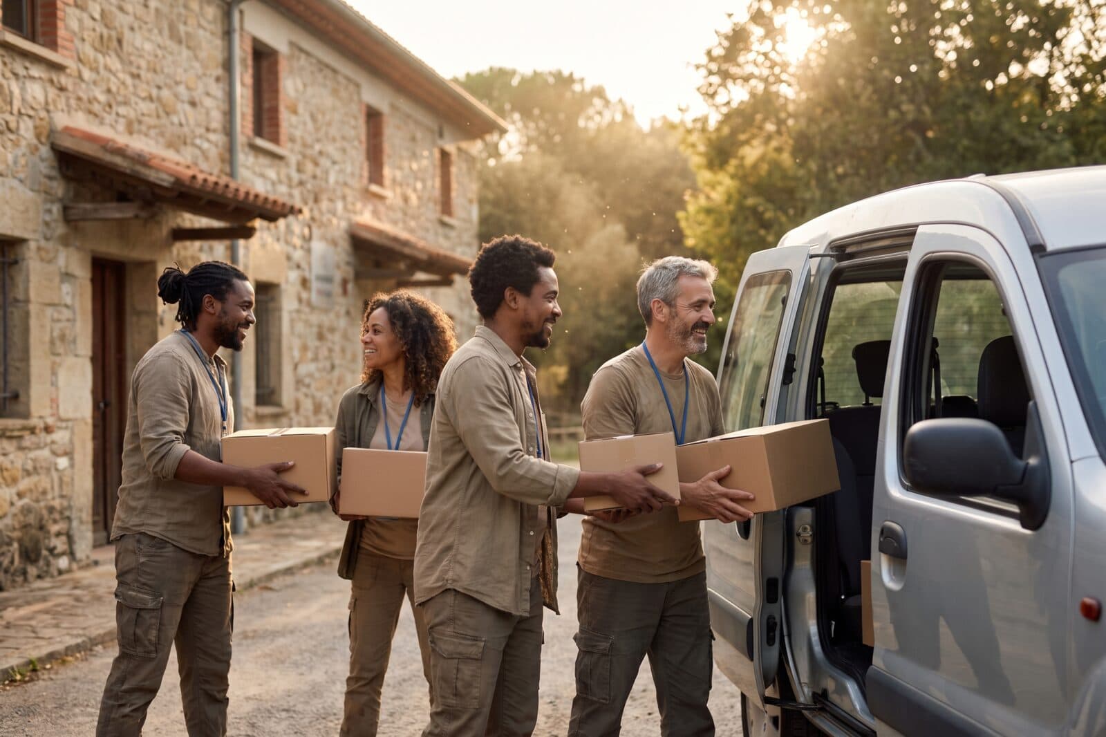 Volunteers loading boxes of supplies into a van outside a community building in warm late-afternoon light.