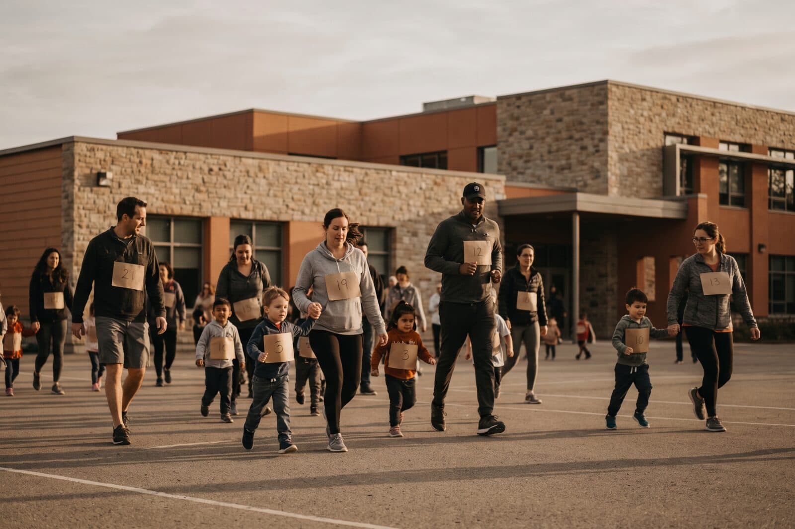 Parents and children at a school fun run on a bright morning, numbered bibs and a chalk start line on the blacktop.