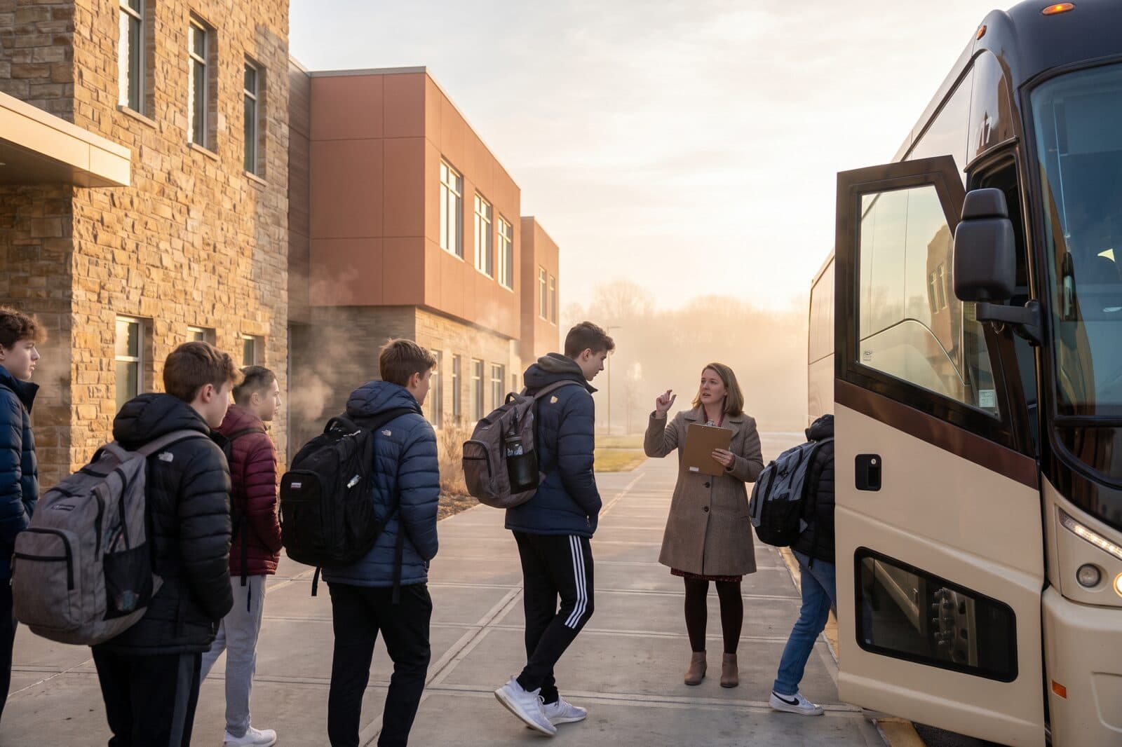 Students with backpacks boarding a coach bus outside a modern school building at dawn, a teacher counting heads at the door.