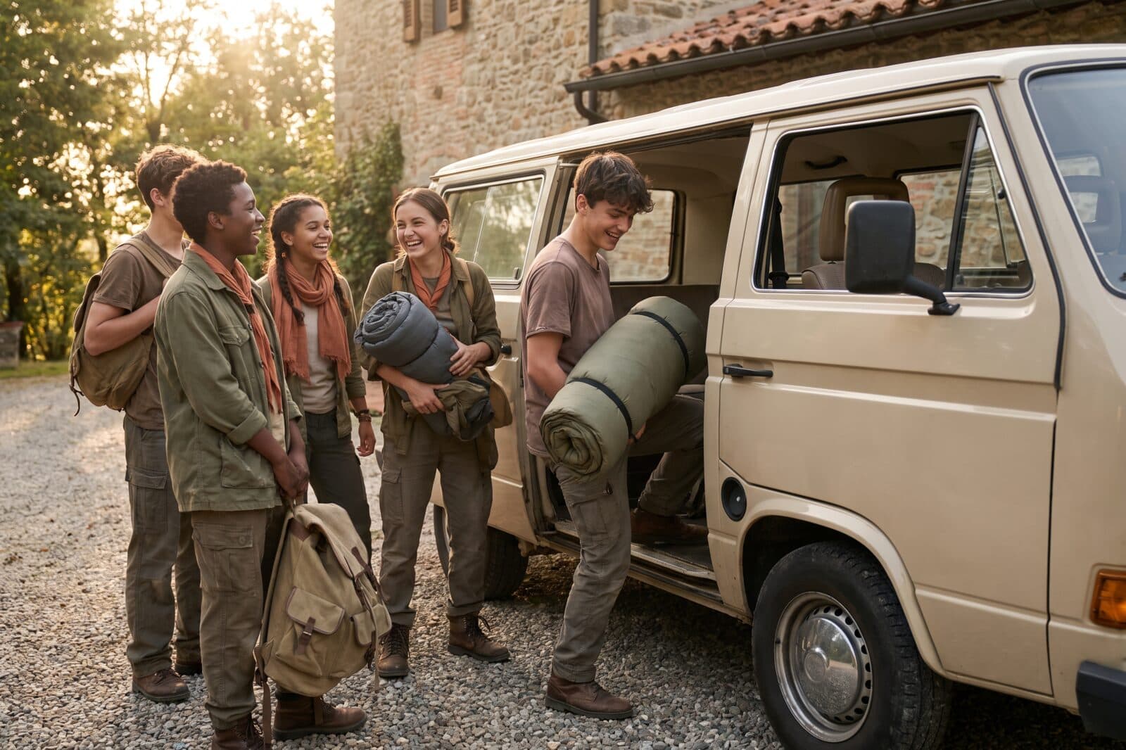 Teenagers with backpacks and sleeping bags loading a church van on a summer morning, laughing together.