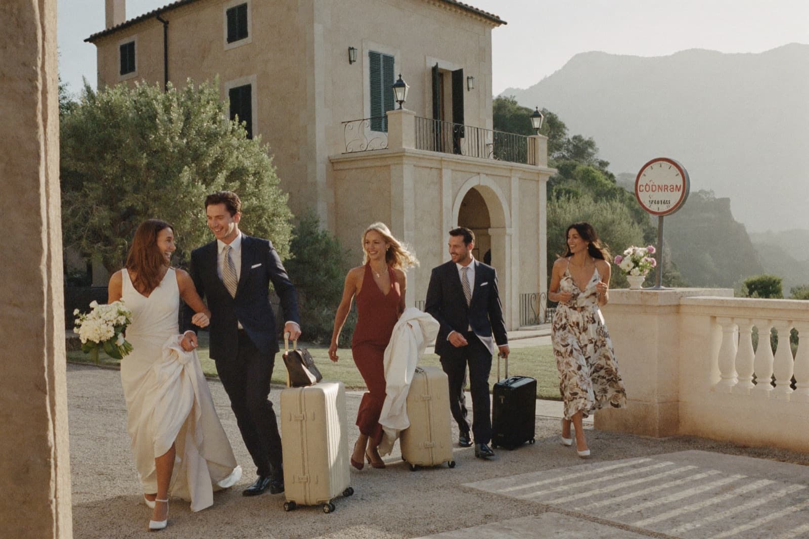 Wedding guests arrive with suitcases at a coastal stone villa.